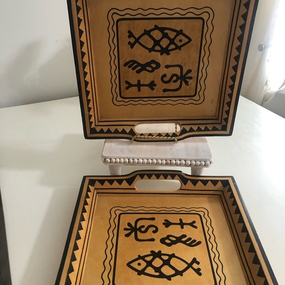 Vintage Wood Tray With African Design - Picture 6 of 10